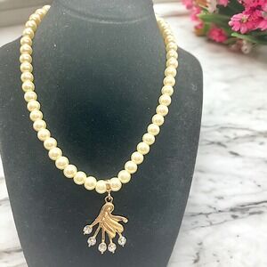 Faux Pearls Gold-Tone Pendant with Rhinestones 18" Necklace!